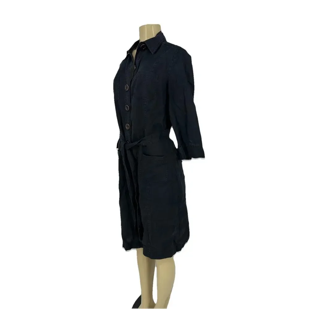 Boden Size 12R Women Button Up Linen Dress Midi 3/4 Sleeve Belted Waist 3-34